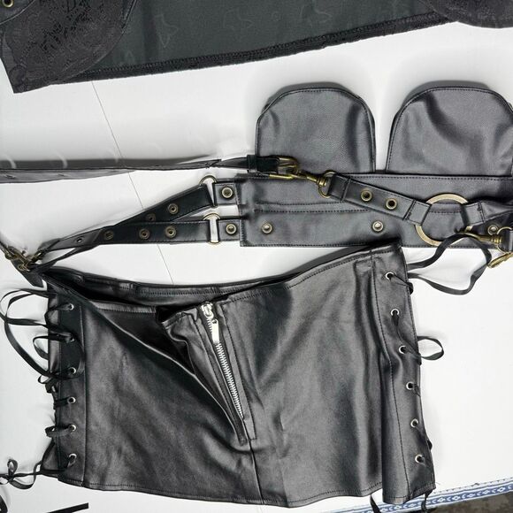 Black Faux Leather Lace Festival Costume Set Corset Skirt Utility Belt Size M - Picture 10 of 10